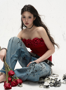 BabeFish Onze 原创设计师定制水洗牛仔裤原创涂鸦低腰破坏感印花