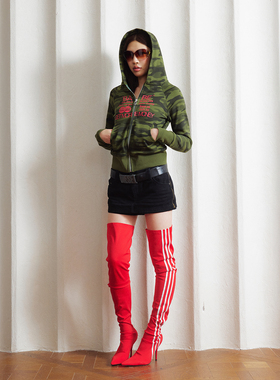 Babefish onze美式复古辣妹迷彩卫衣字母印花连帽休闲显瘦外套