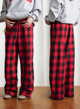 Babefish onze美式复古校园磨毛感家居慵懒休闲阔腿格纹百搭长裤