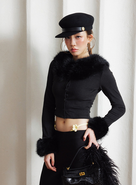 Babefish onze早秋黑色毛领修身短款针织开衫外套