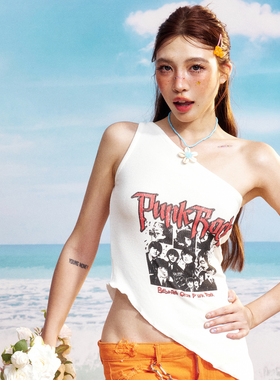 Babefish onze原创弹力竖条纹针织显瘦立裁复古印花辣妹斜肩背心