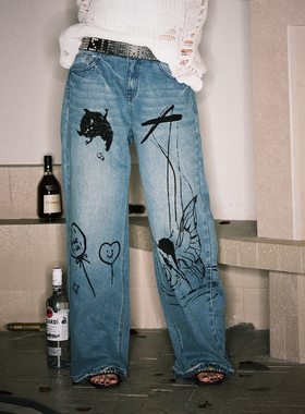 BabeFish Onze 原创设计师定制水洗原创涂鸦印花低腰破坏感牛仔裤