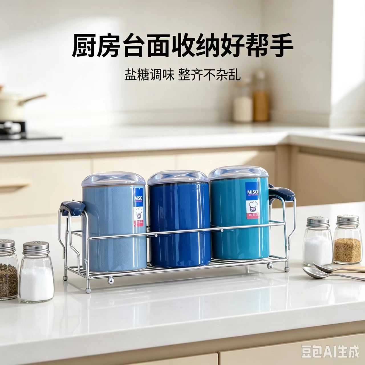 彩釉陶瓷调料罐三件套 带金属置物架 厨房盐糖调味瓶密封收纳罐