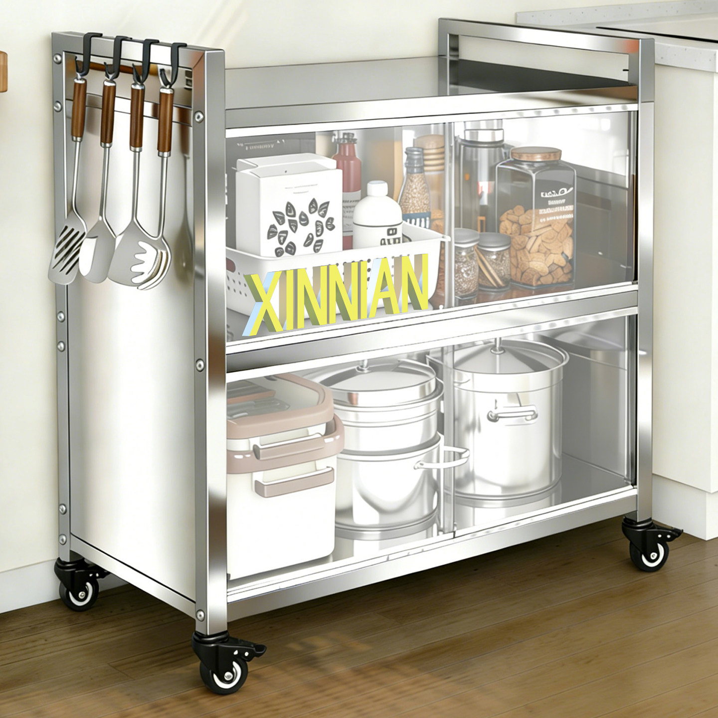 德国厨房储物柜不锈钢置物架防尘推拉门柜子多功能橱柜多层收纳架