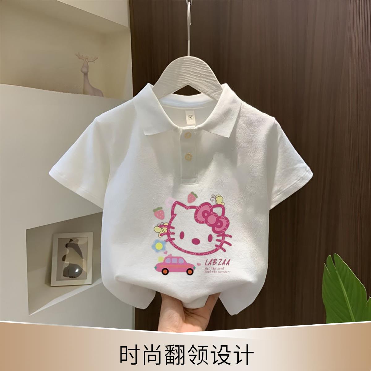 纯棉白色短袖T恤Polo衫女童翻领夏季卡通印花休闲小女孩宽松上衣