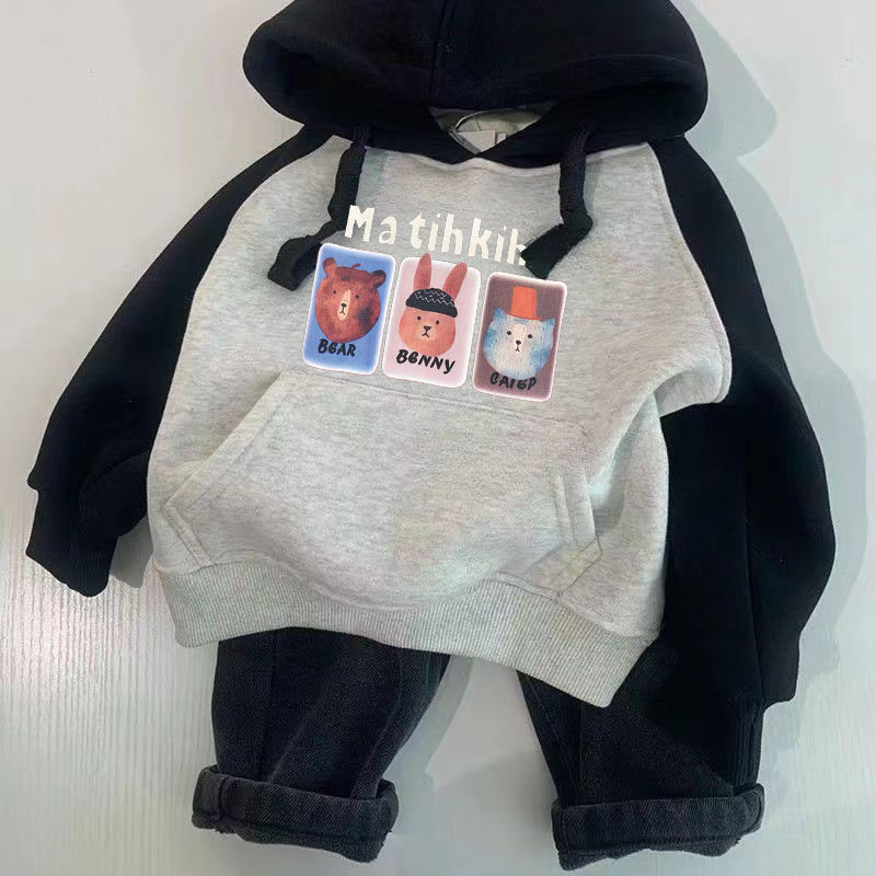 小童宝宝韩系拼色外套男童国潮卡通上衣女童秋冬加绒加厚连帽卫衣