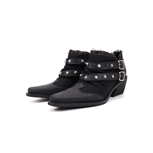 Asthershop原创铆钉装饰短靴复古尖头短筒女靴黑色真皮中跟西部靴