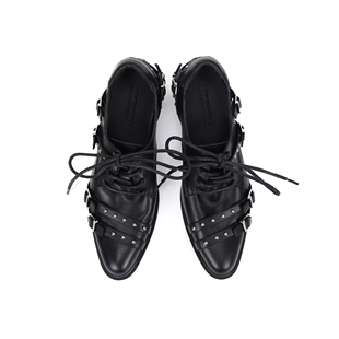 asthershop原创 暗黑风绑带铆钉单鞋 粗跟拼接小皮鞋