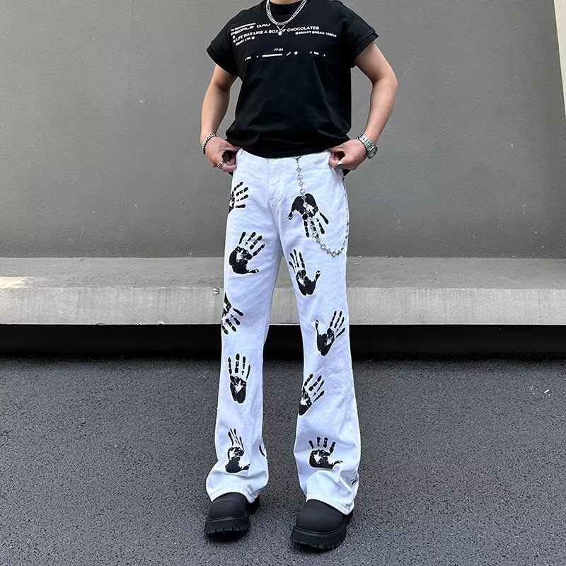 美式高街手掌印花白色男女hiphop潮牌微喇直筒牛仔长裤潮设计感