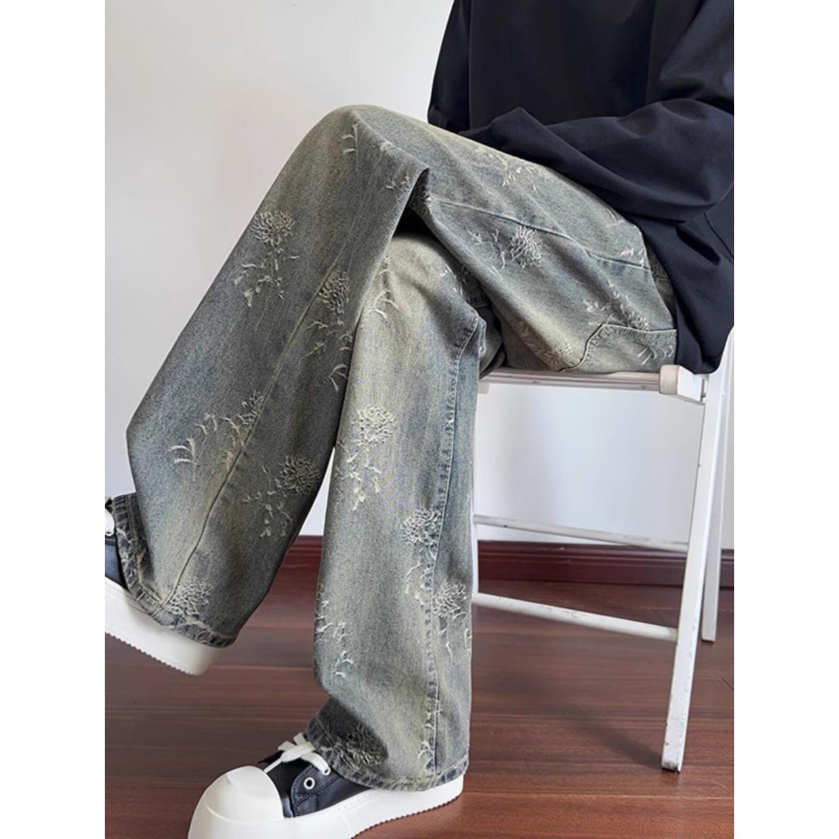 美式高街荆棘提花牛仔裤男款水洗做旧蓝色宽松直筒微喇休闲长裤潮