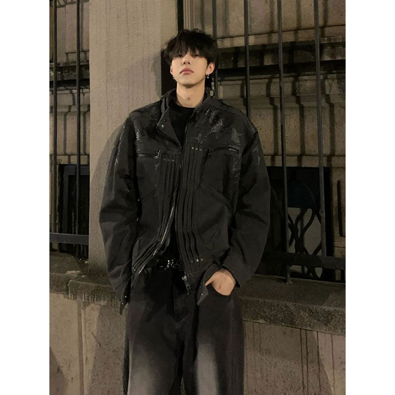 美式高街荆棘印花立领机车服上衣男款街头痞帅宽松高级感夹克外套