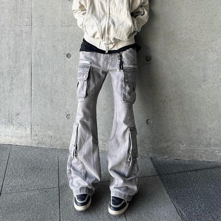 设计感炮弹微喇工装裤子女秋冬美式高街亚文化白灰色多口袋牛仔裤