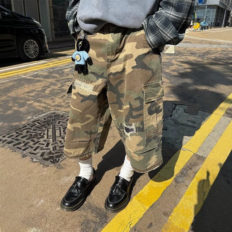 补丁破洞迷彩七分裤男夏季高街大口袋牛仔短裤美式复古高腰工装裤