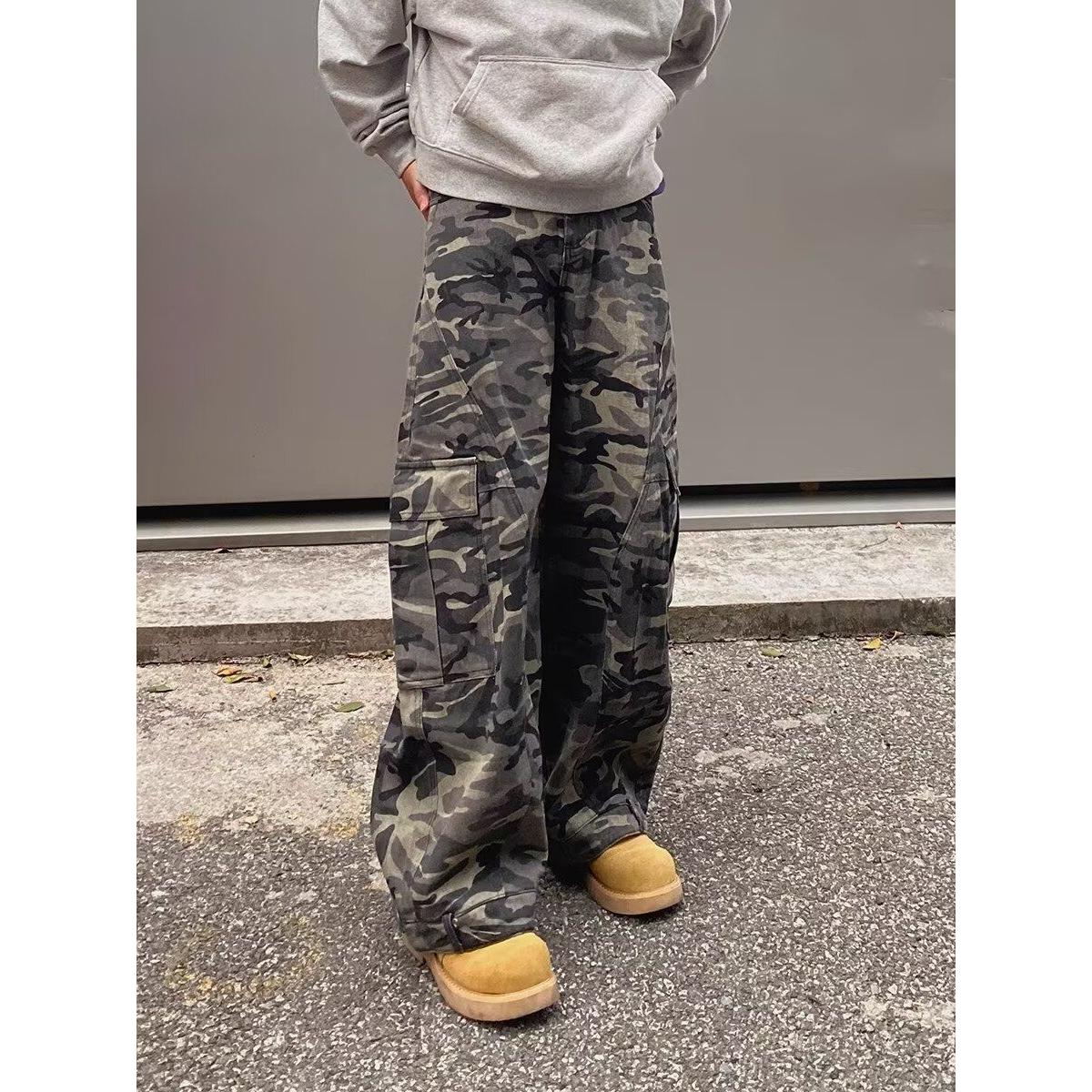 美式复古迷彩工装裤大码女装高街嘻哈宽松直筒拖地垂感休闲裤子潮