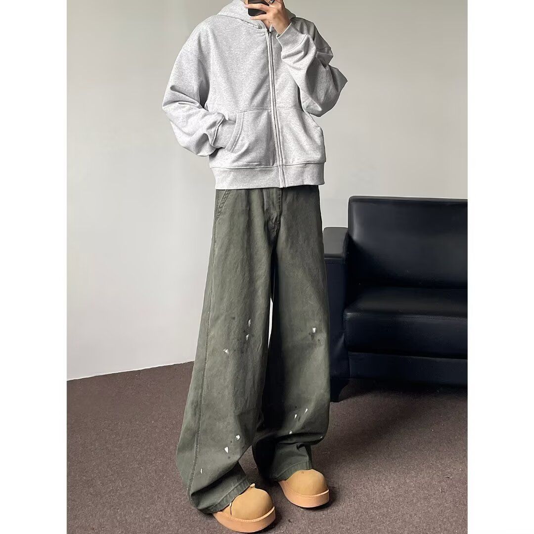 美式复古水洗做旧牛仔裤男秋季潮牌刮烂水洗做旧宽松直筒休闲裤子