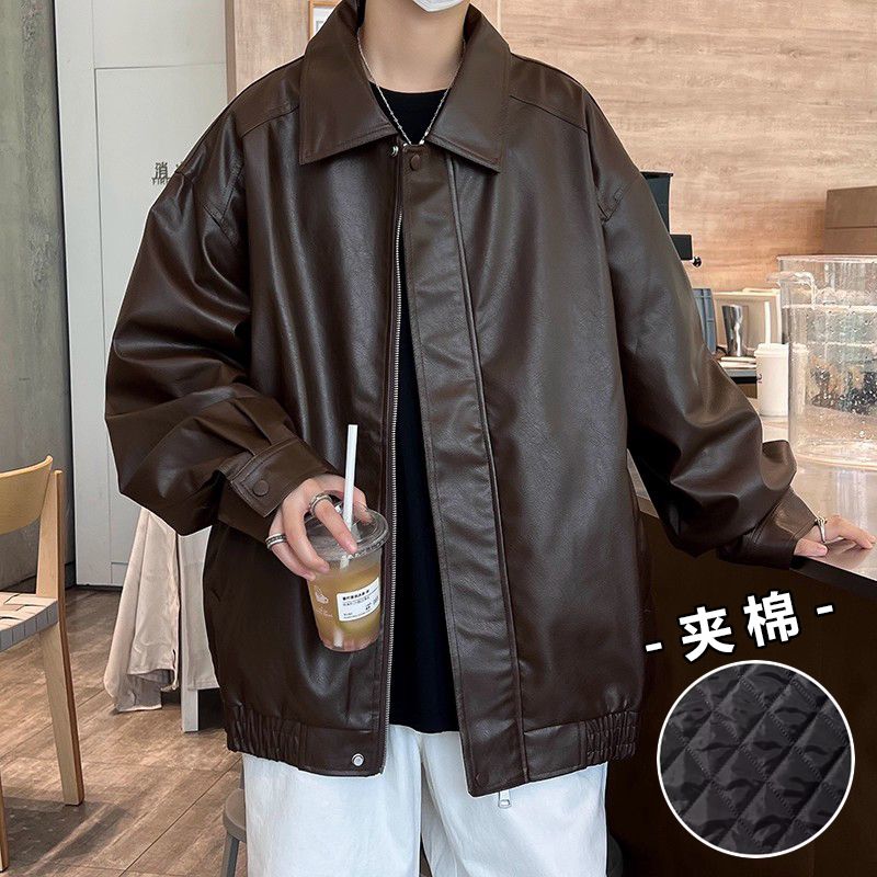 美式复古机车pu皮衣外套男女夹棉加厚痞帅百搭高级感翻领夹克上衣