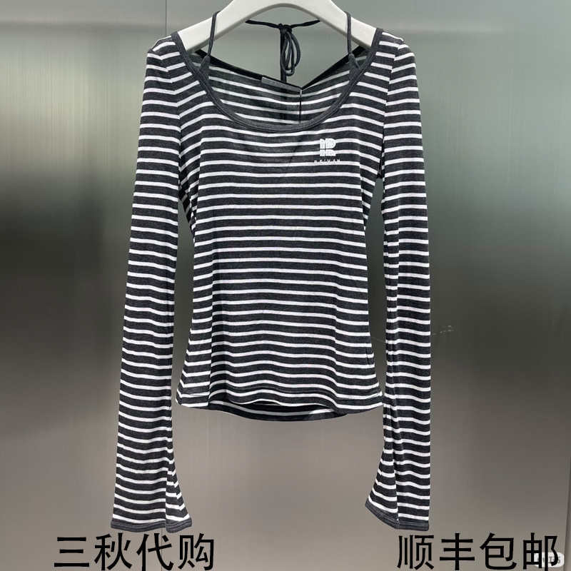 REVANYAYA芮范雅2026春季新款U型领黑灰条纹长袖T恤女R10801093图片