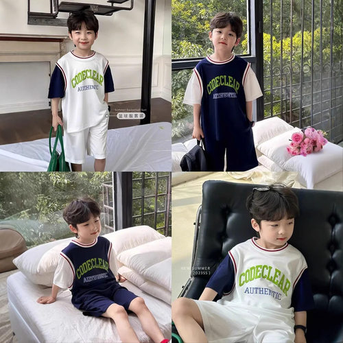 新款男童运动套装夏季短袖球服套装2026宝宝薄款速干假两件篮球服