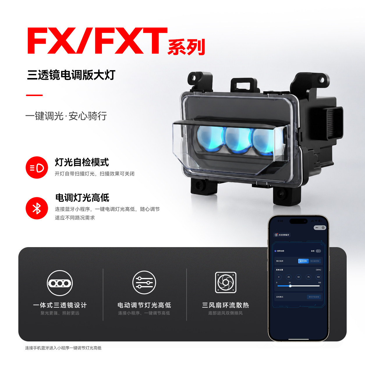 石栏FX/FXT系列三透镜LED电调版大灯恶魔眼APP可调远近光切线爆闪图片