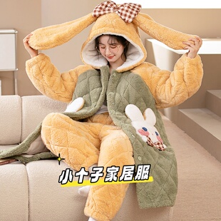 睡衣女冬三层加厚珊瑚绒夹棉套装小个子卡通长款睡袍可外穿家居服