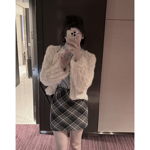 KKKid半身裙女2023秋冬新款蓝灰色复古格纹辣妹短裙修身百搭A字裙