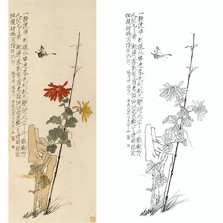 工笔画白描底稿菊花花鸟菊石条屏国画于非闇图实物打印线条YF31