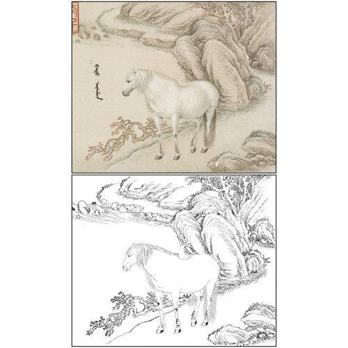 工笔画白描底稿骏马王致诚《十骏马图册页》实物临摹素材线稿ZC01