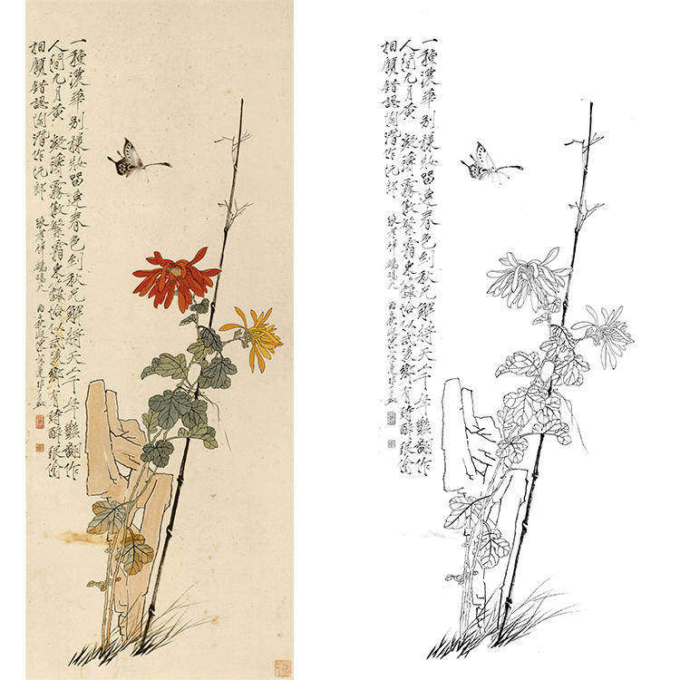 工笔画白描底稿菊花花鸟菊石条屏国画于非闇图实物打印线条YF31