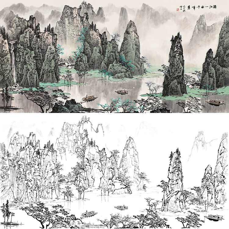 工笔画白描底稿线稿国画横幅山水国画