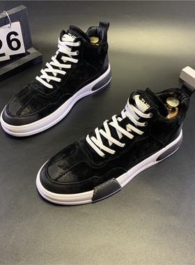 抖音同款潮鞋24冬季新品加绒保暖系带高帮板鞋厚底韩版百搭休闲鞋