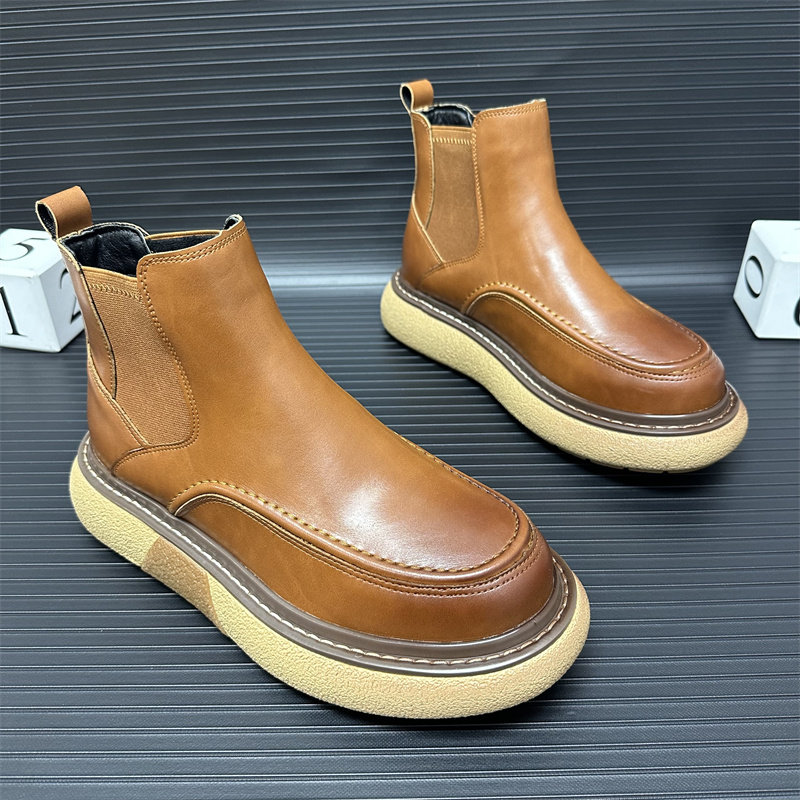 切尔西男靴2024冬季新款靴子加绒保暖短靴厚底增高一脚蹬马丁靴