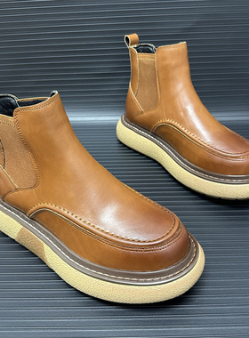 切尔西男靴2024冬季新款靴子加绒保暖短靴厚底增高一脚蹬马丁靴