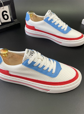2024年夏季新款透气网面弹力布男鞋系带拼色舒适百搭运动休闲鞋