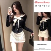长袖 纯欲风娃娃领绑带t恤套装 女秋冬高腰波点包臀半身裙修身 上衣