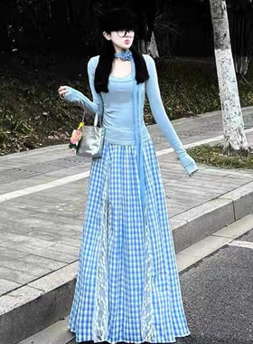 韩系甜美蕾丝拼接设计感蓝色格子半身裙女春季新款独特长款a字裙