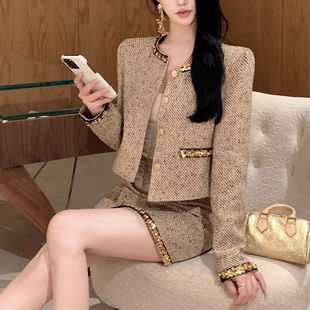 富家千金感穿搭小香风套装亮片粗花呢外套高腰a字半身裙子两件套