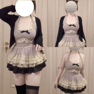 三件套 防晒开衫 大码 胖妹妹纯欲风条纹蕾丝花边挂脖背心上衣女夏季