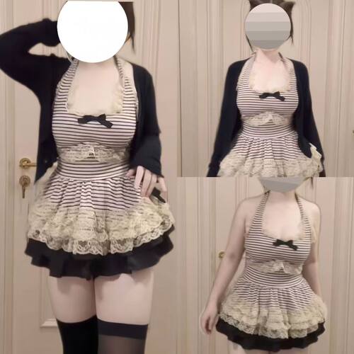 大码胖妹妹纯欲风条纹蕾丝花边挂脖背心上衣女夏季防晒开衫三件套