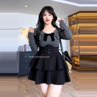 显瘦束腰两件套 蝴蝶结荷叶边上衣A字半身裙女秋冬季 大码 胖MM法式