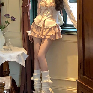 女早秋粉色荷叶边短裙学院风两件套 甜美纯欲少女穿搭蝴蝶结针织衫