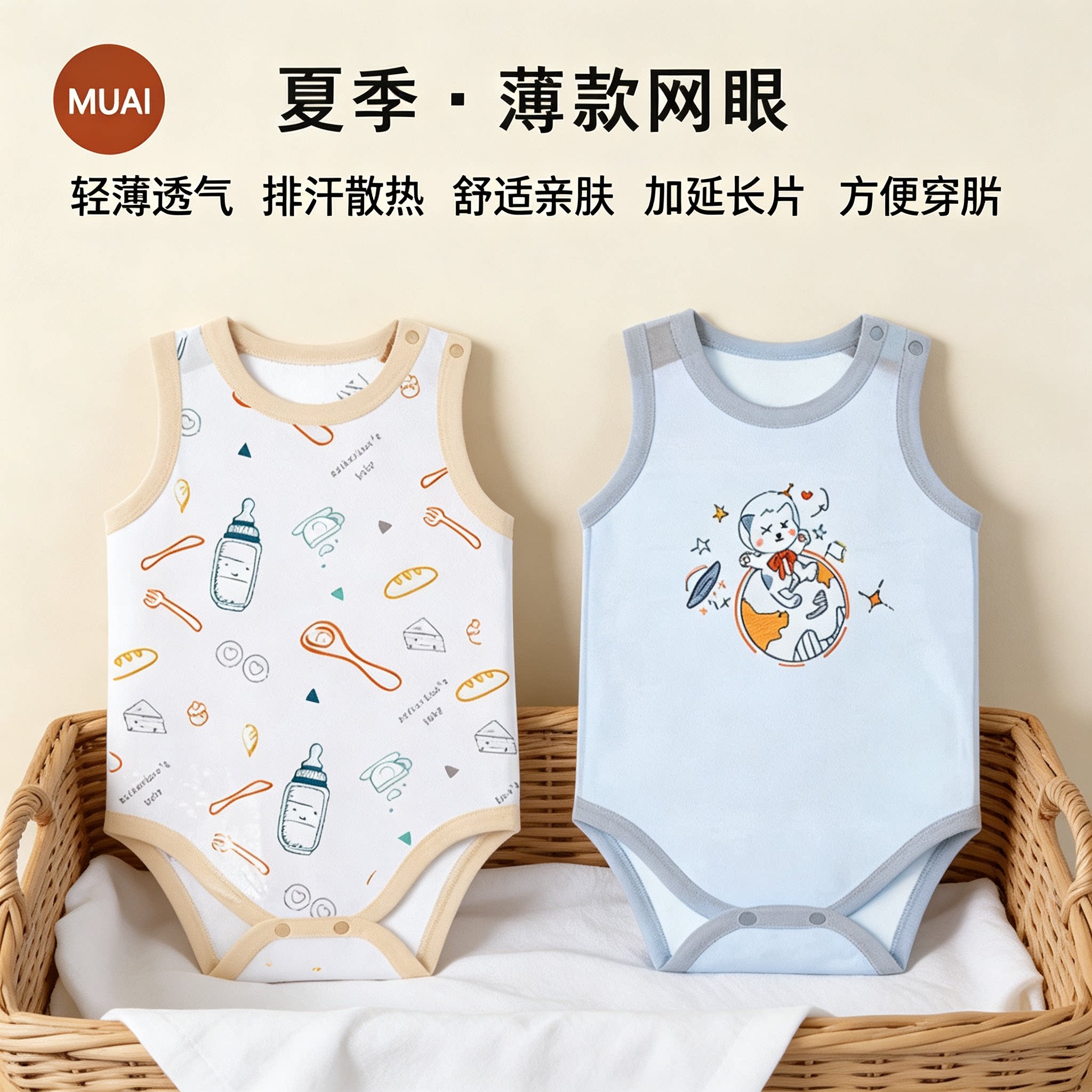夏季婴儿纯棉网眼护肚连体包屁衣