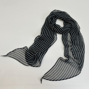 真丝乔琪纱黑白条纹斜角飘带 黑白竖条纹丝巾