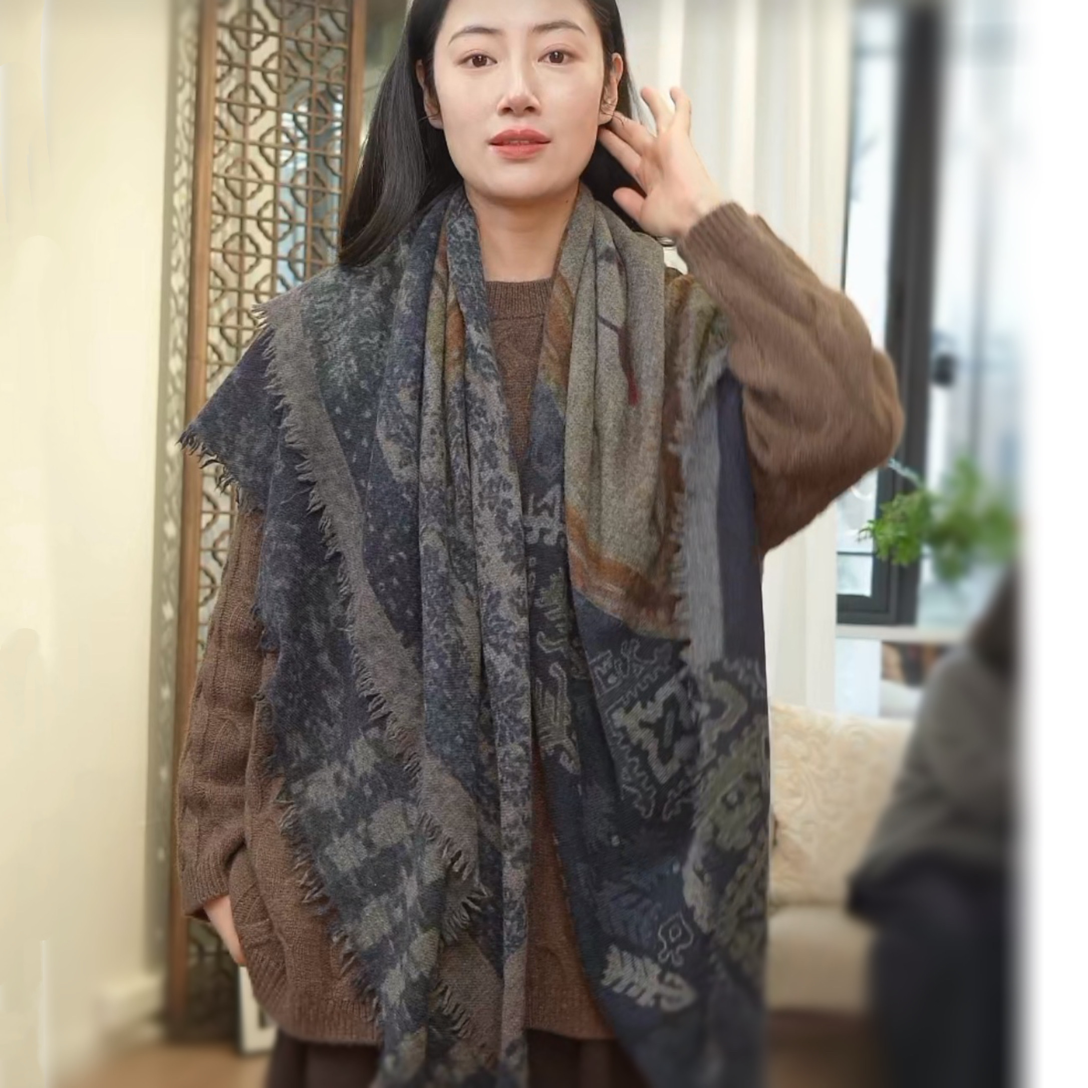 复古时尚100%羊绒中古蓝调女士印花保暖围巾140大方巾 披肩两用