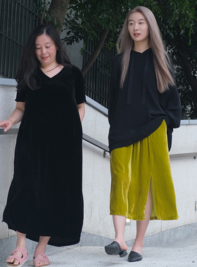 桑蚕丝芥末绿色丝绒半裙 气质百搭开叉半身裙 高腰