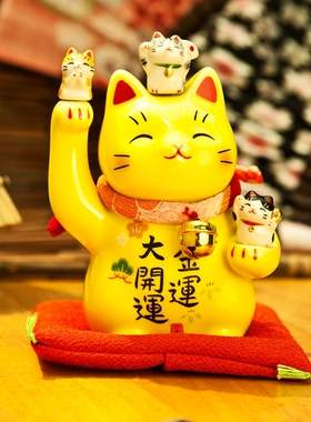 日本进口药师窑手工彩绘招财开运黄色招财猫陶瓷礼物 汽车摆件