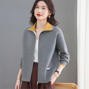 女翻领拉链长袖 2025新款 开衫 针织衫 上衣洋气减龄宽松外套毛衣 秋季