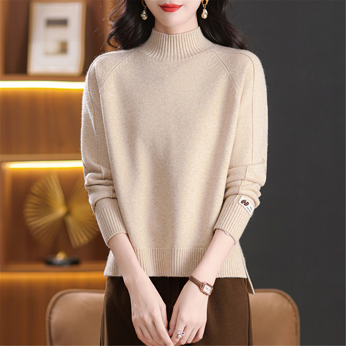 秋冬长袖毛衣女短款开叉打底上衣