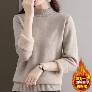 冬装新款半高领加绒毛衫女秋冬一体加绒加厚毛衣女短款宽松打底衫