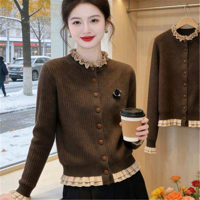 春装木耳领显瘦短款针织衫开衫女