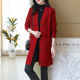 2024秋季新款中长款毛衣开衫女装宽松大码羊毛衫外搭加厚针织外套